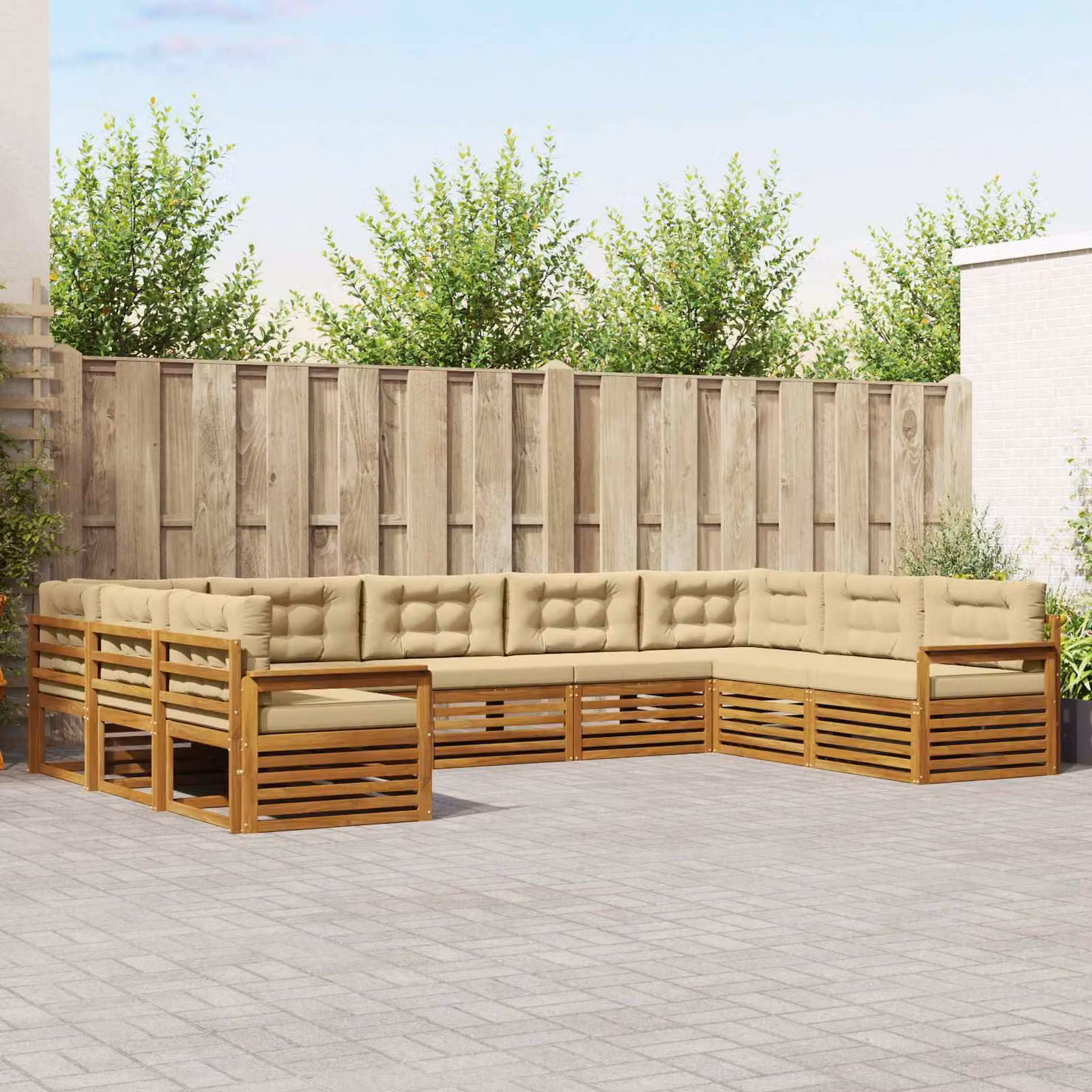 Set di divani da esterno vidaXL a forma di U composto da 9 pezzi in legno di acacia con cuscini beige e marrone