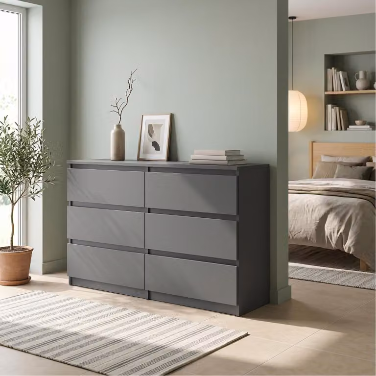 Comodà Masseno NUDO da 120 cm con 6 cassetti e ante, per soggiorno e camera da letto, stile moderno, 120x39x78,5 cm, antracite / antracite