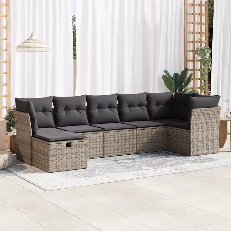 Set di divani da giardino vidaXL in polyrattan grigio con cuscini, componibile a L con pouf e struttura in metallo