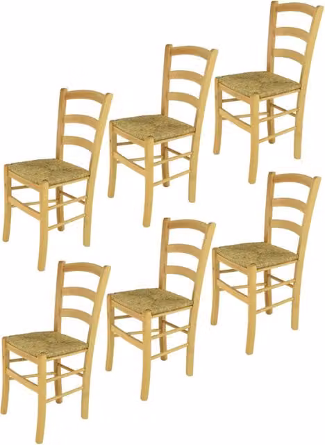 Set 6 Sedie Venice Tommychairs, robusta struttura in legno di faggio verniciata in naturale e seduta in paglia