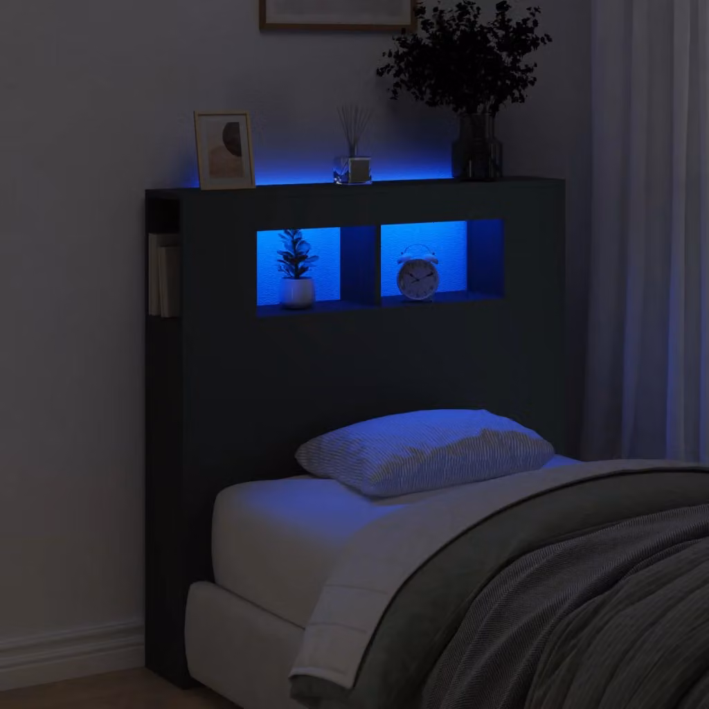 Testiera Letto con LED e Ripiano vidaXL Nera in Legno Multistrato L: 100 cm, P: 18,5 cm, H: 103,5 cm