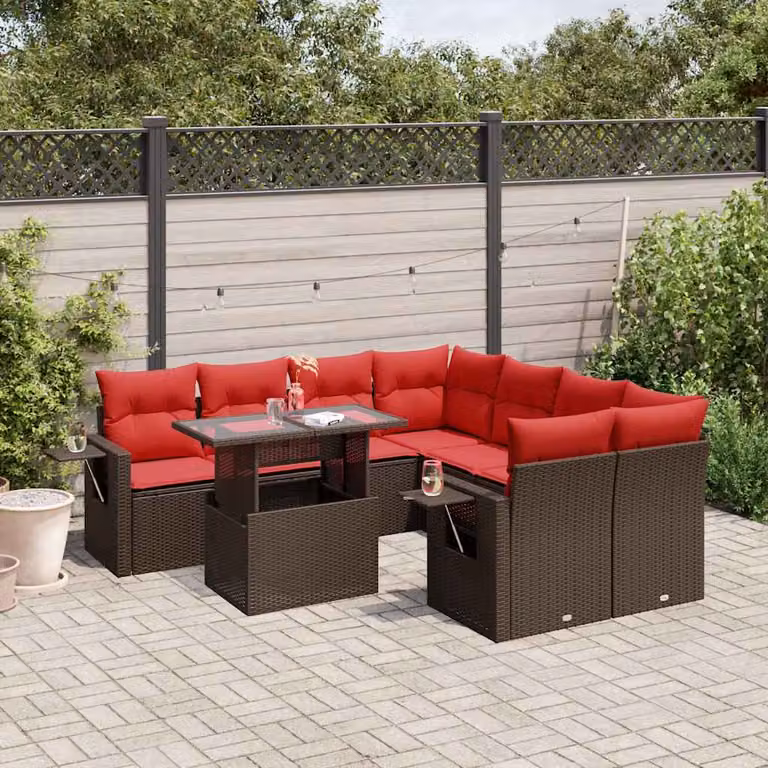 Set Divani da Giardino vidaXL 9 pz a Forma a L con Tavolino e Cuscini Marrone e Rosso in Polyrattan e Metallo