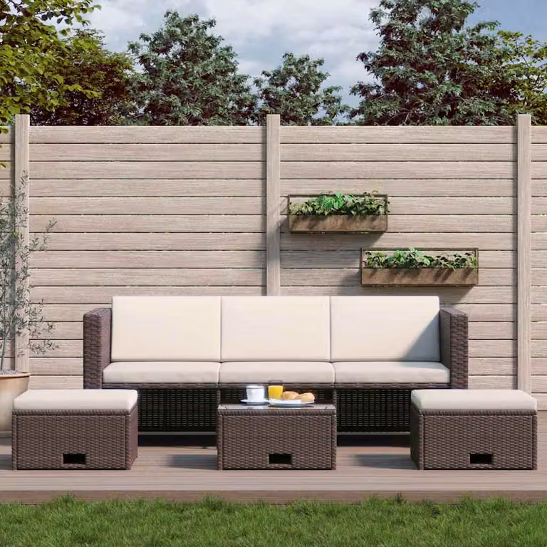 Set da giardino vidaXL composto da divano a 3 posti, tavolino, pouf e cuscini in rattan marrone e bianco con struttura in metallo e coperture rimovibili