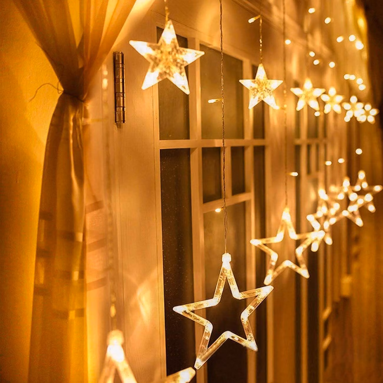 Tenda luminosa con 12 stelle, lunghezza 2 metri, 138 LED, luce bianca calda, 8 modalità, grado di protezione IP44
