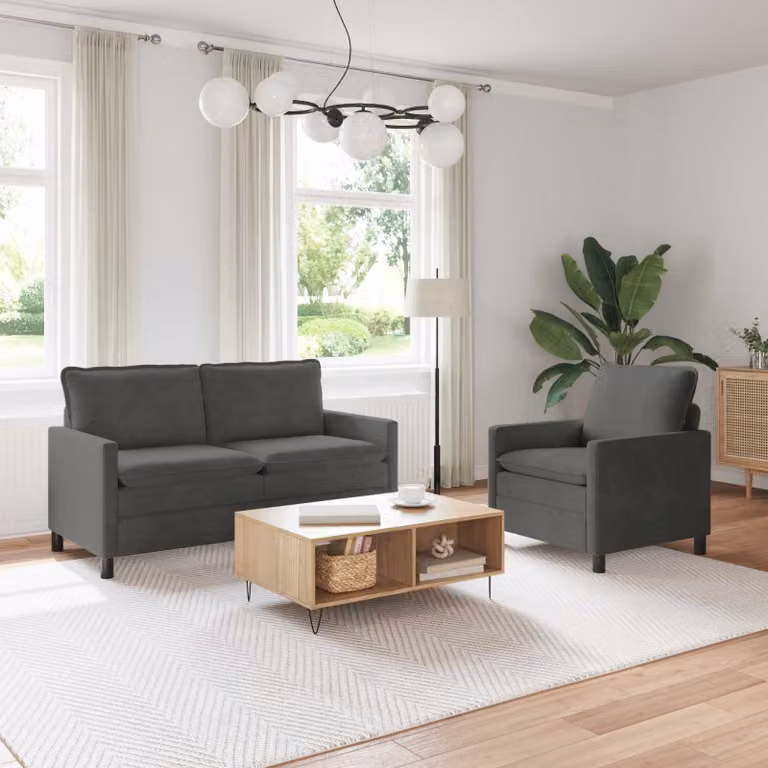 Set di 2 divani moderni vidaXL in tessuto grigio con struttura in metallo e cuscini inclusi