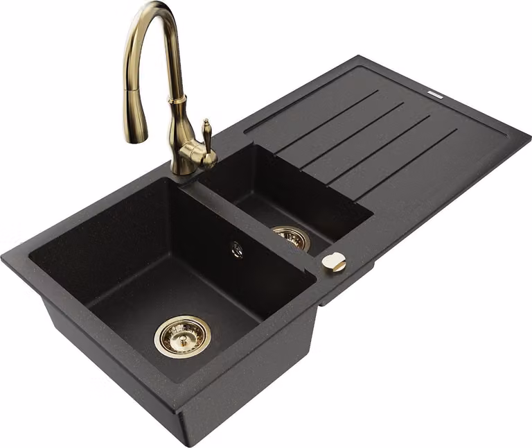 Mexen Andres lavello in granito 1,5 vasca con scolapiatti e rubinetto da cucina Savita, nero/oro metallic - 6515-75-672601-50