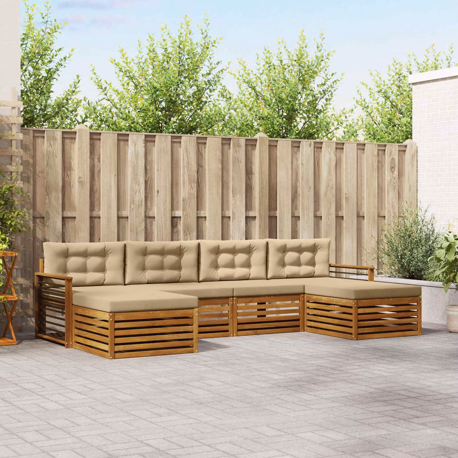 Set di divani da esterno vidaXL in legno di acacia con pouf e cuscini, design moderno a L, colore beige e marrone