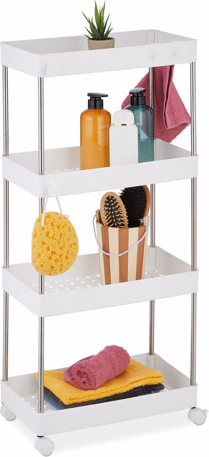 Carrello a nicchia Relaxdays, 4 ripiani, con rotelle, cucina, bagno, carrello, 88 x 41,5 x 23,5 cm, plastica, acciaio inossidabile, bianco