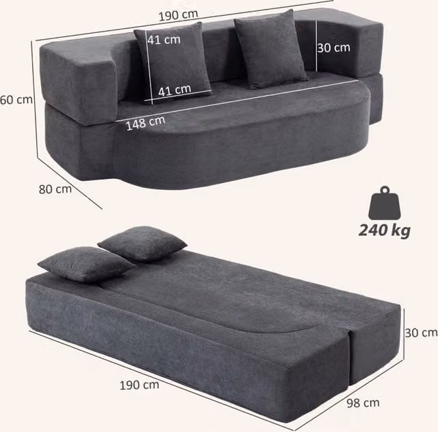 Divano letto click clack REDOM a 2 posti in tessuto grigio con cuscini inclusi, dimensioni: 190 x 140 cm