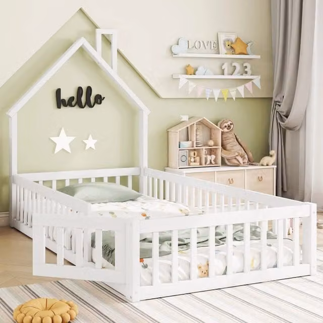Letto Casetta per Bambini MINIMAL in Pino Bianco con Rete a Doghe L/P/H: 200 x 90 x 95 cm