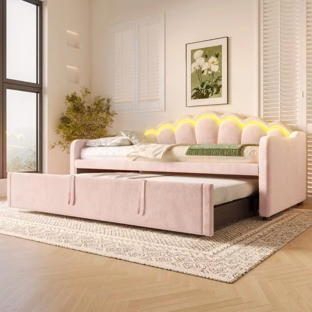 Divano letto estraibile in velluto rosa con LED, letto singolo e matrimoniale 90x200 cm
