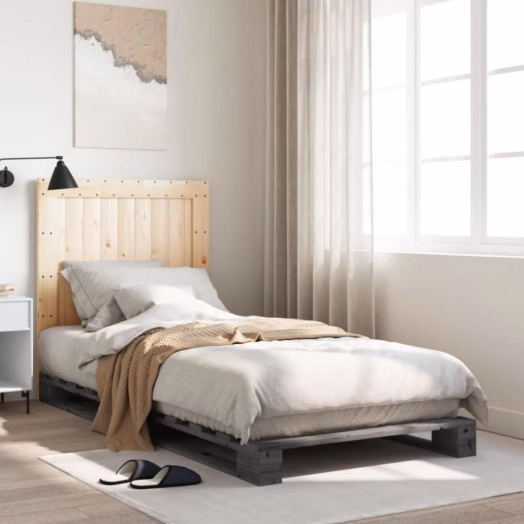Giroletto con Testiera Grigio vidaXL in Legno Massello di Pino, L 90 cm x P 200 cm – 1