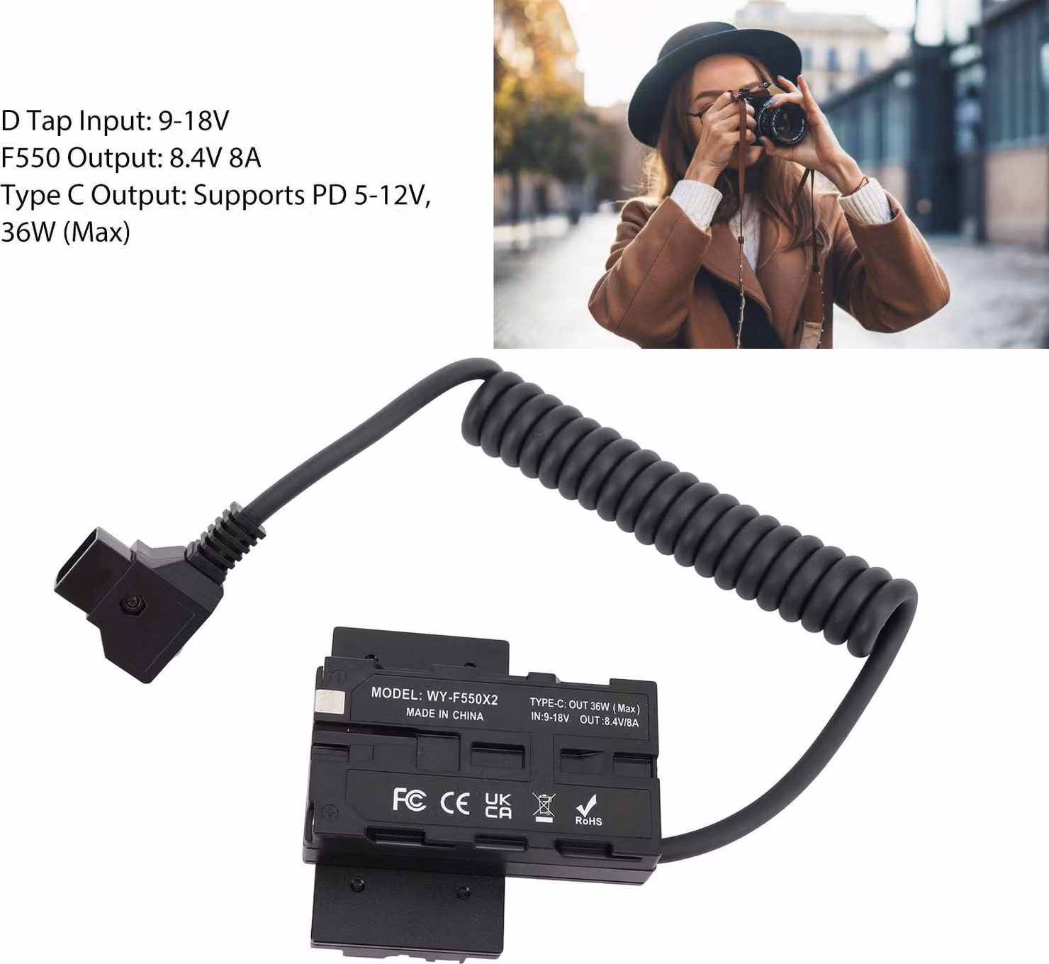 D Tap to NP F970 F750 F550 Alimentatore con batteria fittizia, accoppiatore CC per fotocamere, monitor, luci di riempimento, tripla uscita, stile verticale a croce