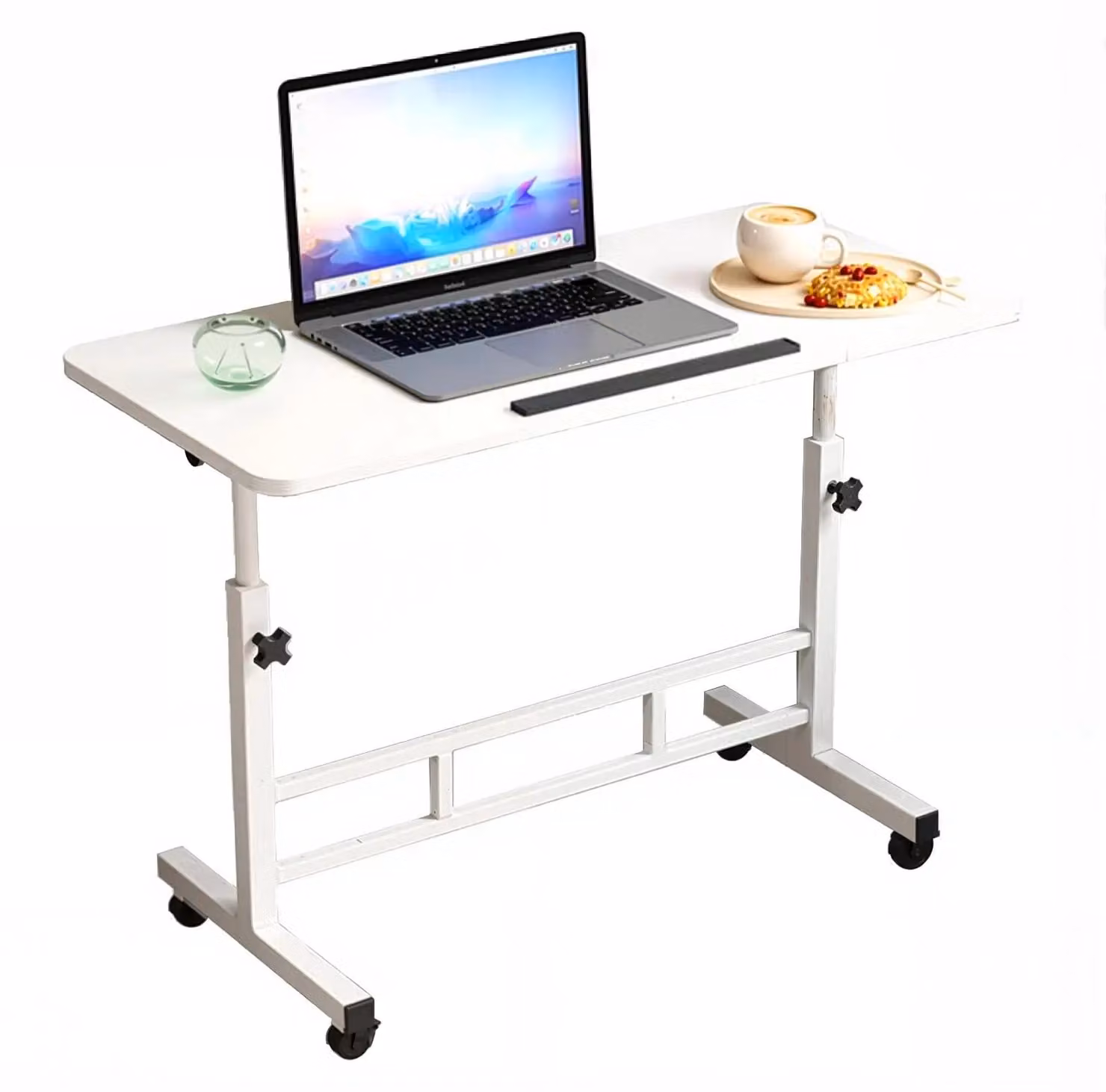 Tavolo per laptop con rotelle - Scrivania regolabile in altezza - 65–87 cm - Piano inclinabile - Tavolo da lavoro regolabile in altezza - Tavolo da mettere sopra il letto - Bianco