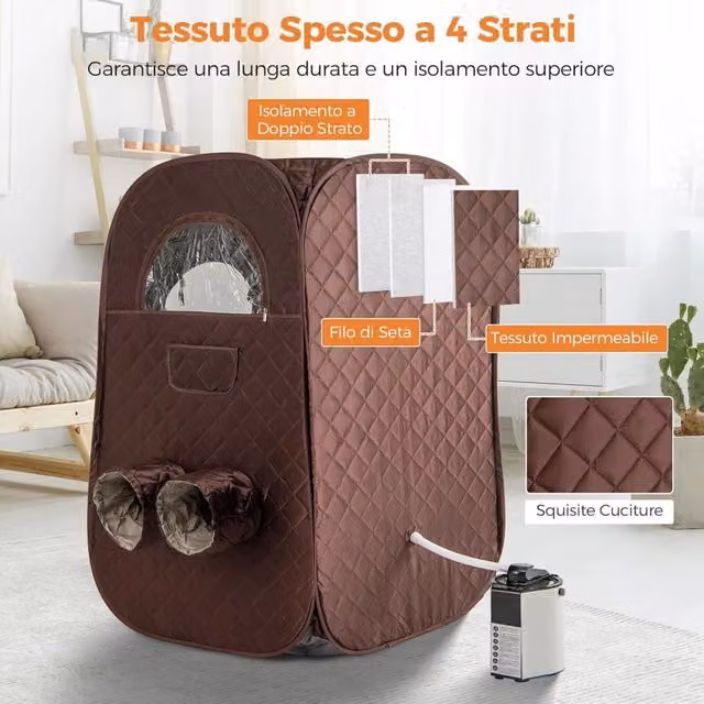 Sauna a Vapore Portatile FDS Gmbh con 3L di Capacità, 9 Livelli di Regolazione della Temperatura da 40-65℃, Telecomando, Sedia Pieghevole e Massaggiatore per Piedi in Legno, Colore Caffè – 1