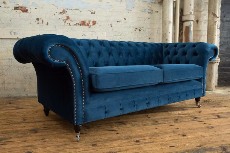 Sofa Luxus Textil Chesterfield Couch Sofas Polster 3 Sitzer Garnitur Blau Samt