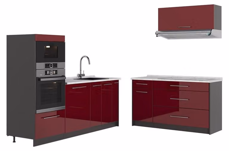 Cucina Vicco Fame-Line Bordeaux lucido/Antracite 340 cm, PL Marmo, Model 63875