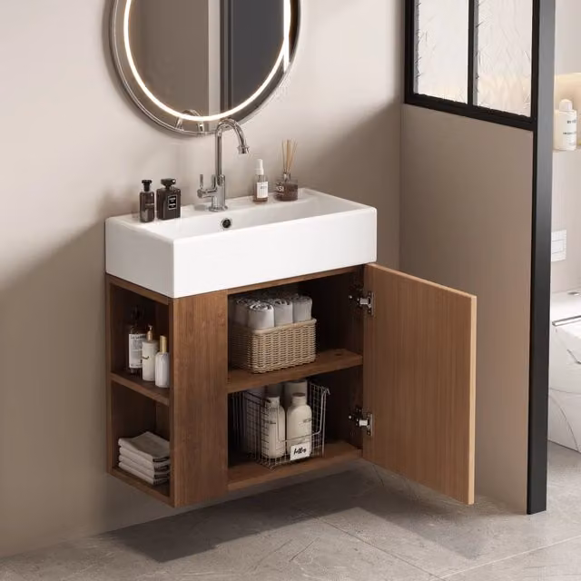 Armadietto da bagno OKWISH con lavabo, ripiani interni e chiusura ammortizzata, marrone, L: 69 cm, P: 52 cm, H: 32 cm