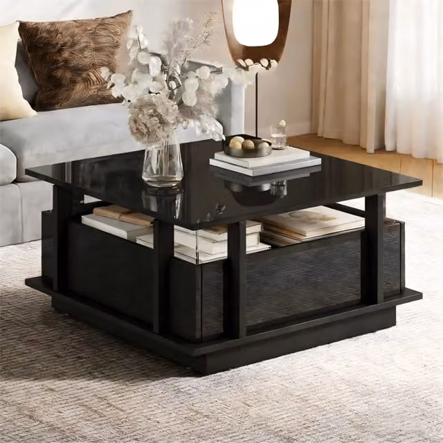 Tavolino da salotto quadrato con LED; 2 cassetti e divisori in acrilico; 70 x 70 x 35 cm nero lucido
