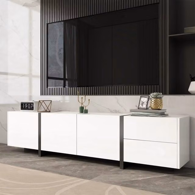 Mobile TV Lowboard MINIMAL Bianco Lucido e Nero con Ante e Cassetti Soft Close L: 170 cm, H: 39 cm, P: 30 cm