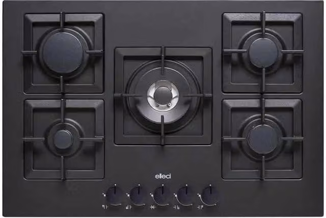 Piano cottura a gas da incasso Elleci Plano G40 Black con 5 zone di cottura in vetro e ghisa, colore nero e argento, larghezza: 75 cm