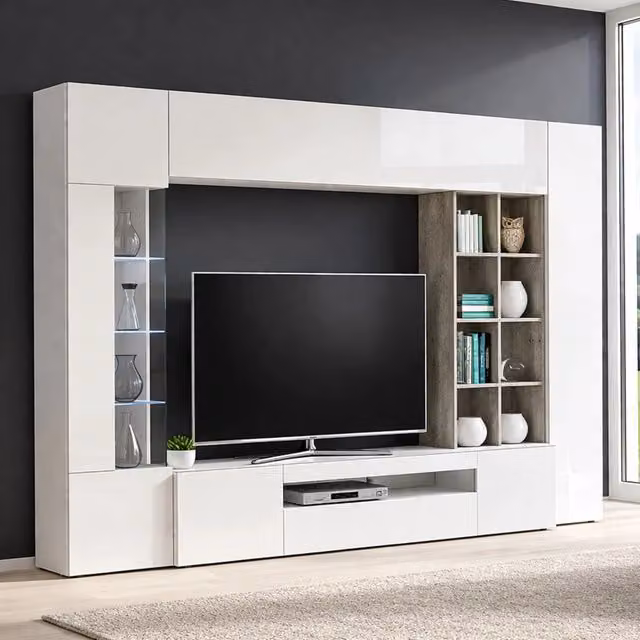 Parete Attrezzata per Soggiorno DMORA Moderna in Bianco Lucido e Grigio L: 290 cm, P: 40 cm, H: 192 cm