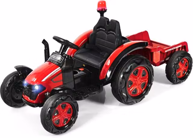 Trattore elettrico per bambini con rimorchio e telecomando, Trattore giocattolo con cintura di sicurezza Rosso