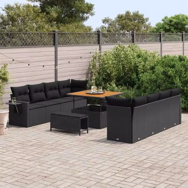 Set Divano da Giardino Moderno vidaXL in Rattan e Legno di Acacia Nero 11 Pezzi – 1