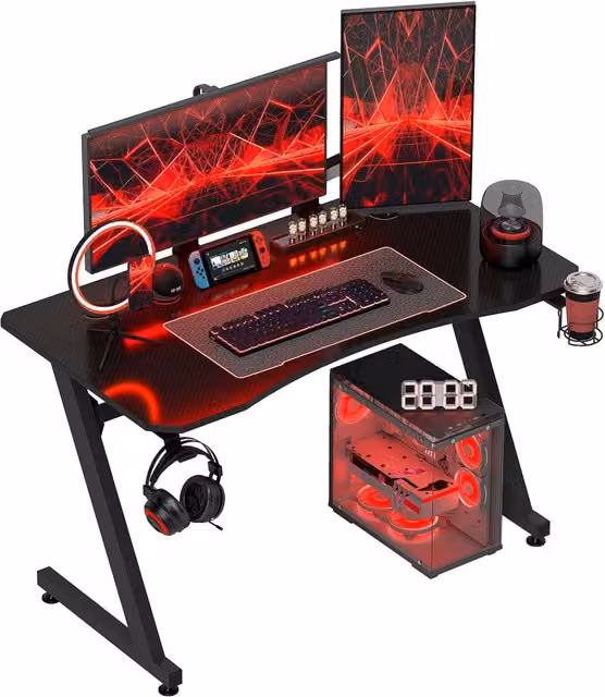 Scrivania Gaming Zephmum con Supporto Monitor e Porta Auricolari, Nero Effetto Fibra di Carbonio, L 120 x P 65 x H 74.5 cm