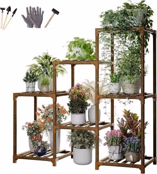 Supporto per piante con 7 vasi - Sostegno in legno per piante alte - Interno e esterno - Balcone soggiorno giardino