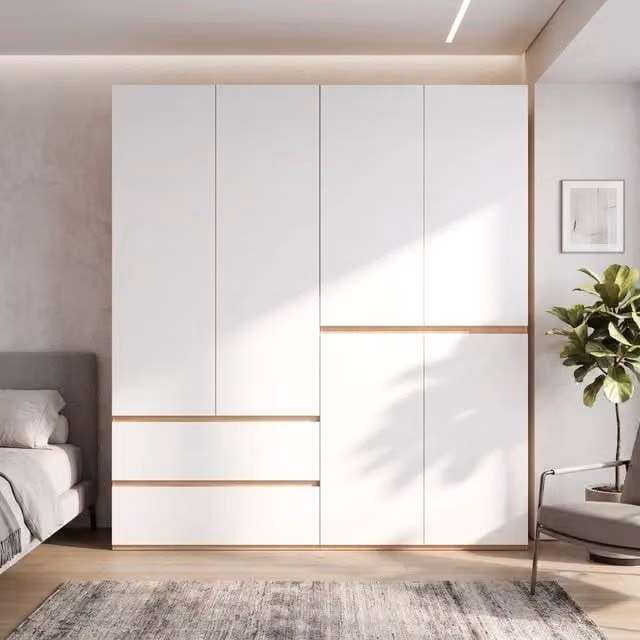 Armadio 6 ante battenti, 180x50x200 cm, con 2 appendini e 5 cassetti, design classico per camera, corridoio, bambini o ufficio, colore rovere Artisan/bianco