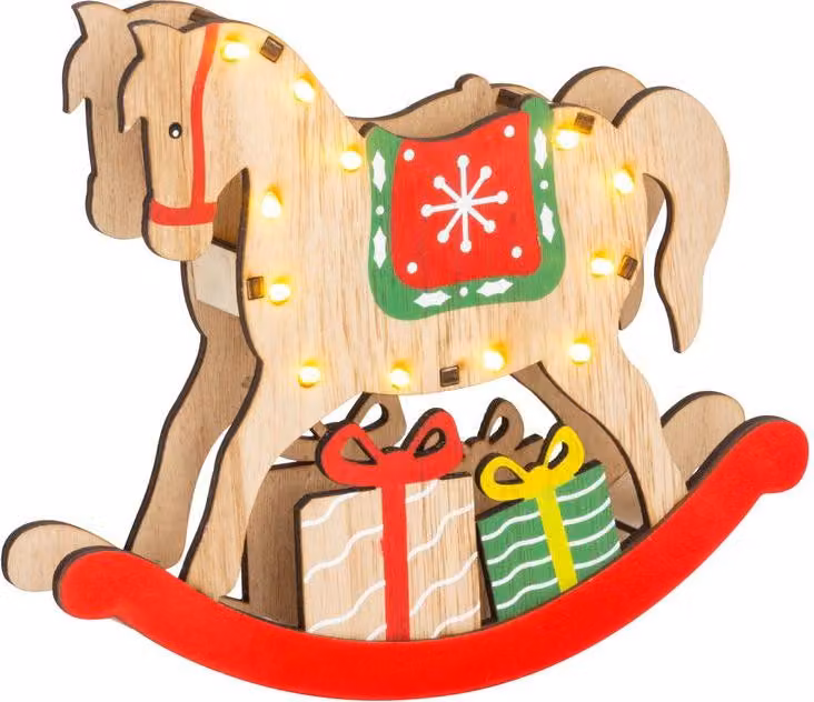 Decorazione MagicHome Natale, Cavallino in legno, 12x LED, 2xAAA, bianco caldo, 25x4x21 cm