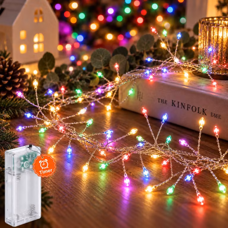 Catena luminosa con 50 LED, lunghezza 1,5 metri, con timer, multicolore, alimentata a batteria