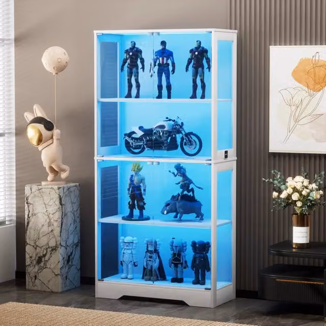 Vetrina a quattro piani in vetro con LED e sensori intelligenti - Zephmum- Bianco, antistrappo