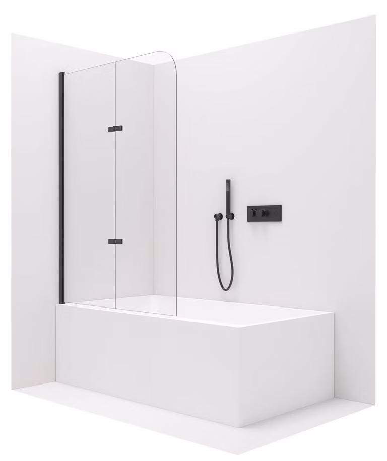 CERANO - Parete per vasca da bagno a due ante Vasca - nero opaco, vetro trasparente - 120x140 cm - girevole/ribaltabile