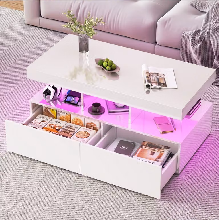 Tavolino moderno a LED, luminoso, con vano portaoggetti, 2 cassetti, 104 x 54 x 46 cm, bianco