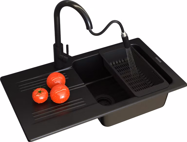 Granitan - Lavello in granito - Lavandino 77,5x43,5 cm - Lavello cucina nero - con miscelatore - ADA