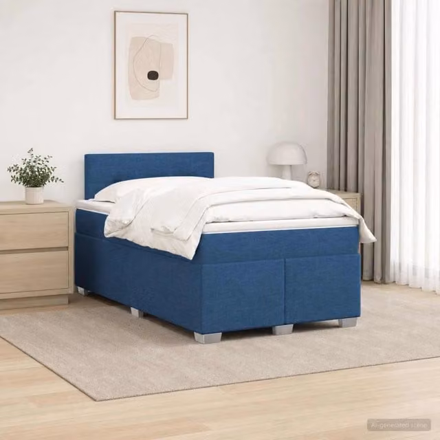 Letto moderno con Box Spring, materasso ibrido e illuminazione LED blu vidaXL in tessuto bianco e blu L/P: 120 x 200 cm