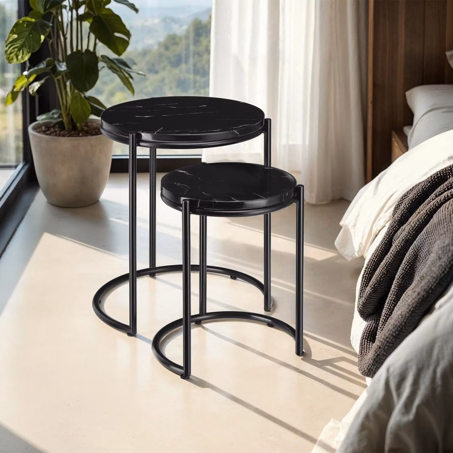 Set di 2 tavolini rotondi Tectake neri con piano moderno e struttura in metallo – 3