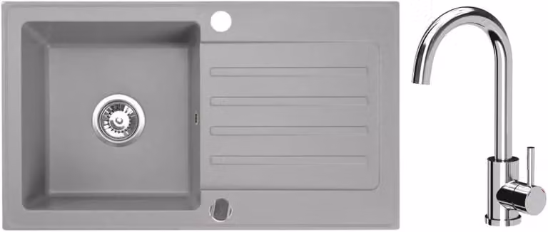 VBChome Lavello in granito 76 x 44 cm Grigio con rubinetto Lavello da incasso a vasca singola Reversibile Speckled Lavello di facile manutenzione con sifone