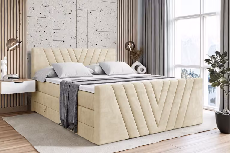 Letto boxspring ALTDECOR con pediera, 2 materassi e topper - 180x200 cm - ERNINA-Z KING - Velluto beige - Letto imbottito con materassi H3 e H4, contenitore e rete a doghe, letto con contenitore