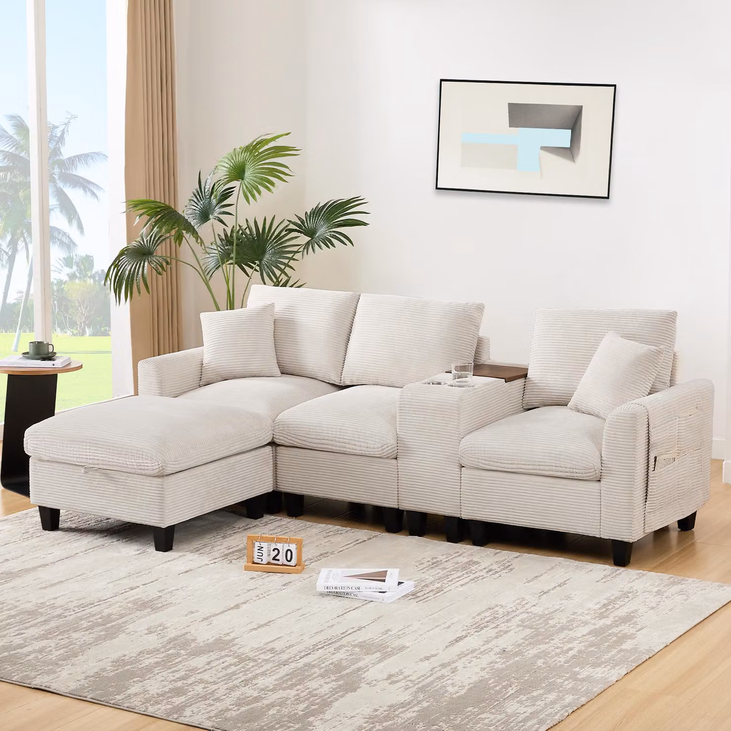 Divano angolare a L Merax con base letto, console, porte USB, sgabello contenitore, cuscini, divano a 3 posti, set di divani, divano, tessuto a coste, beige