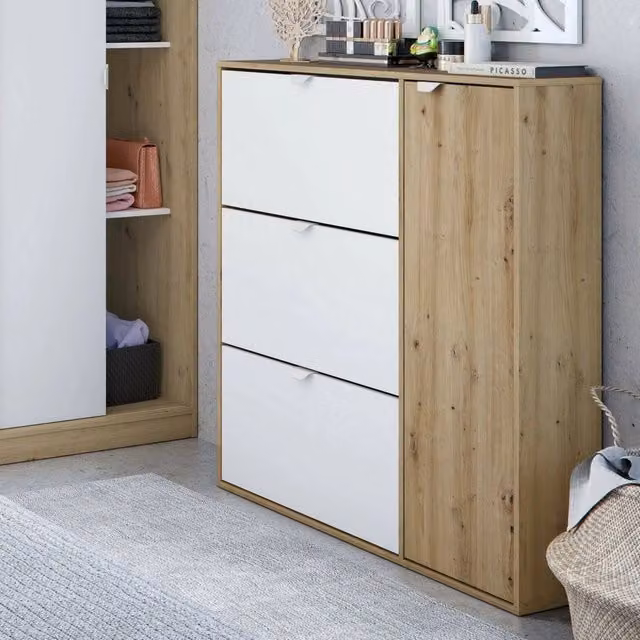Scarpiera Anuk DMORA con 4 ante, Armadio portascarpe salvaspazio moderno Bianco e Rovere, L: 105 cm, P: 24 cm, H: 112 cm