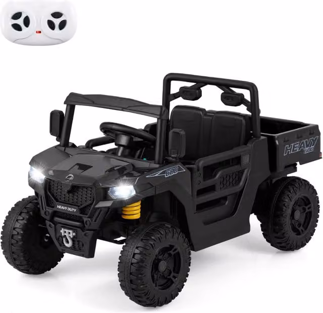 Camion ribaltabile elettrico 12V con telecomando e sospensione a molla, Giocattolo elettrico per bambini da 3 a 8 anni Nero