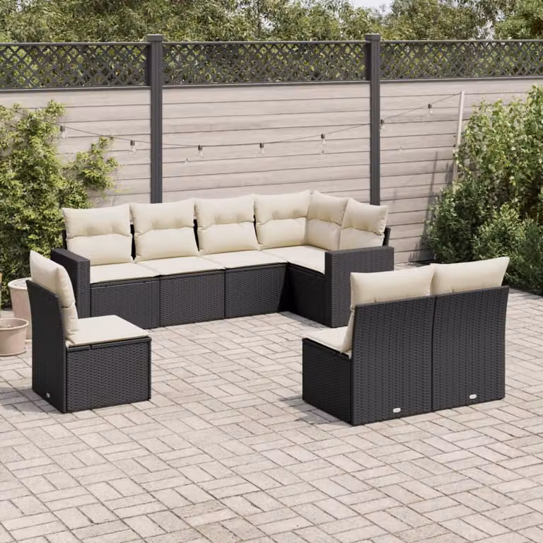 Set di Divani da Giardino vidaXL a Forma di L con 8 Cuscini, Polyrattan e Acciaio Verniciato, Nero e Bianco