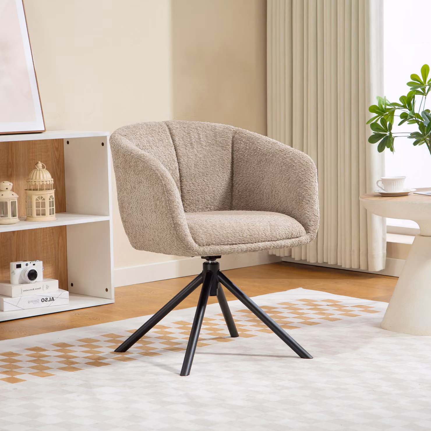 Poltrona Girevole HOMCOM in Velluto e Bouclé con Struttura in Metallo, Design Moderno Lounge, Marrone Chiaro e Beige – 2