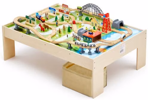 Set di Giocattoli Creativi VEVOR con Tavolo Ferroviario in Legno Multicolore, 120 Pezzi con Contenitore Pieghevole per Bambini