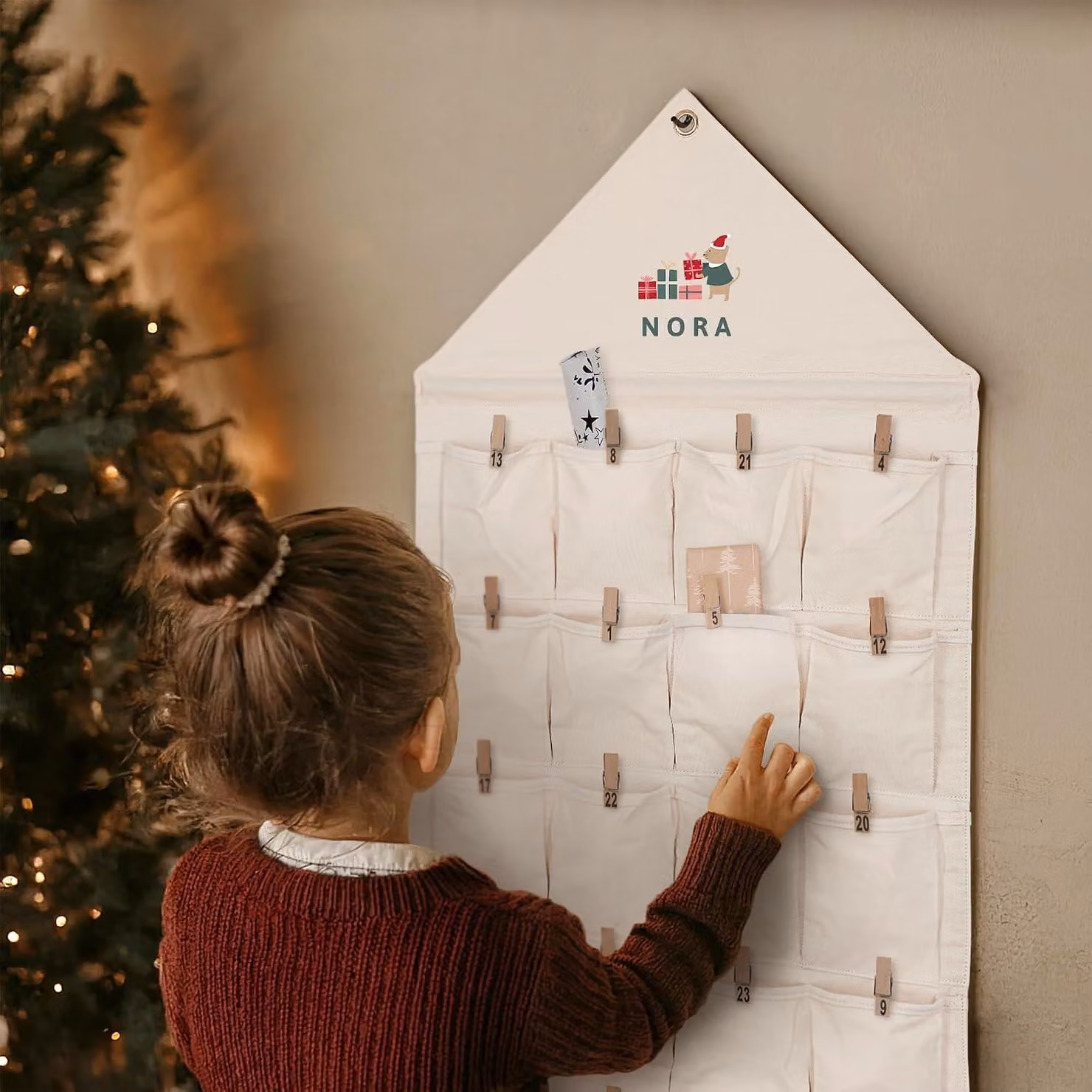 Calendario dell'Avvento XXL, personalizzabile, dimensioni 118 x 49,5 cm, realizzato in cotone, per Natale