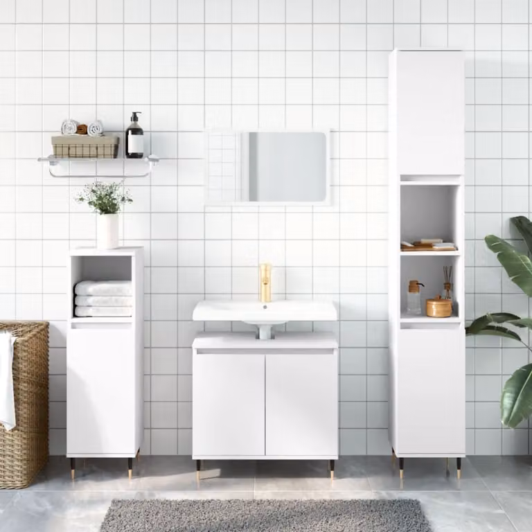 Set di mobili da bagno moderno vidaXL in 3 pezzi bianco con vanità e armadio alto in legno e metallo