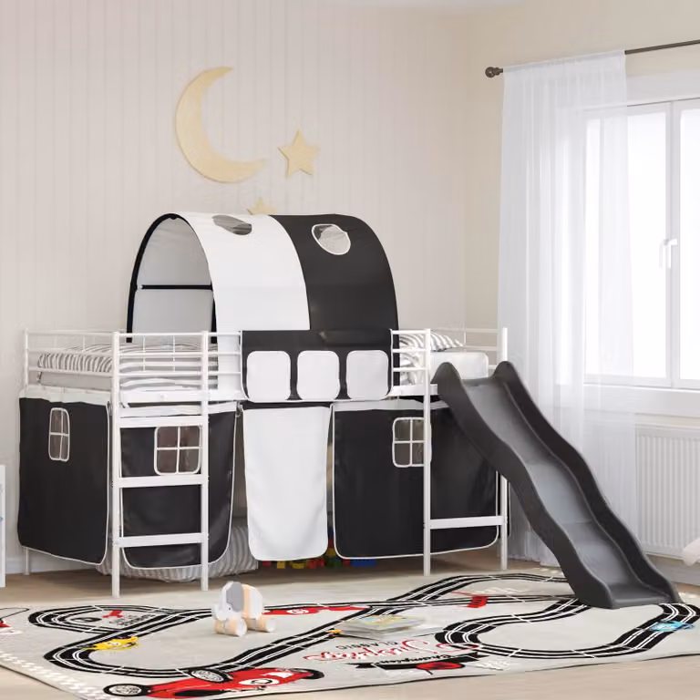vidaXL Letto a castello moderno per bambini in metallo con struttura a casetta e scala, Bianco e Nero, L/P/H: 200 x 90 x 116 cm
